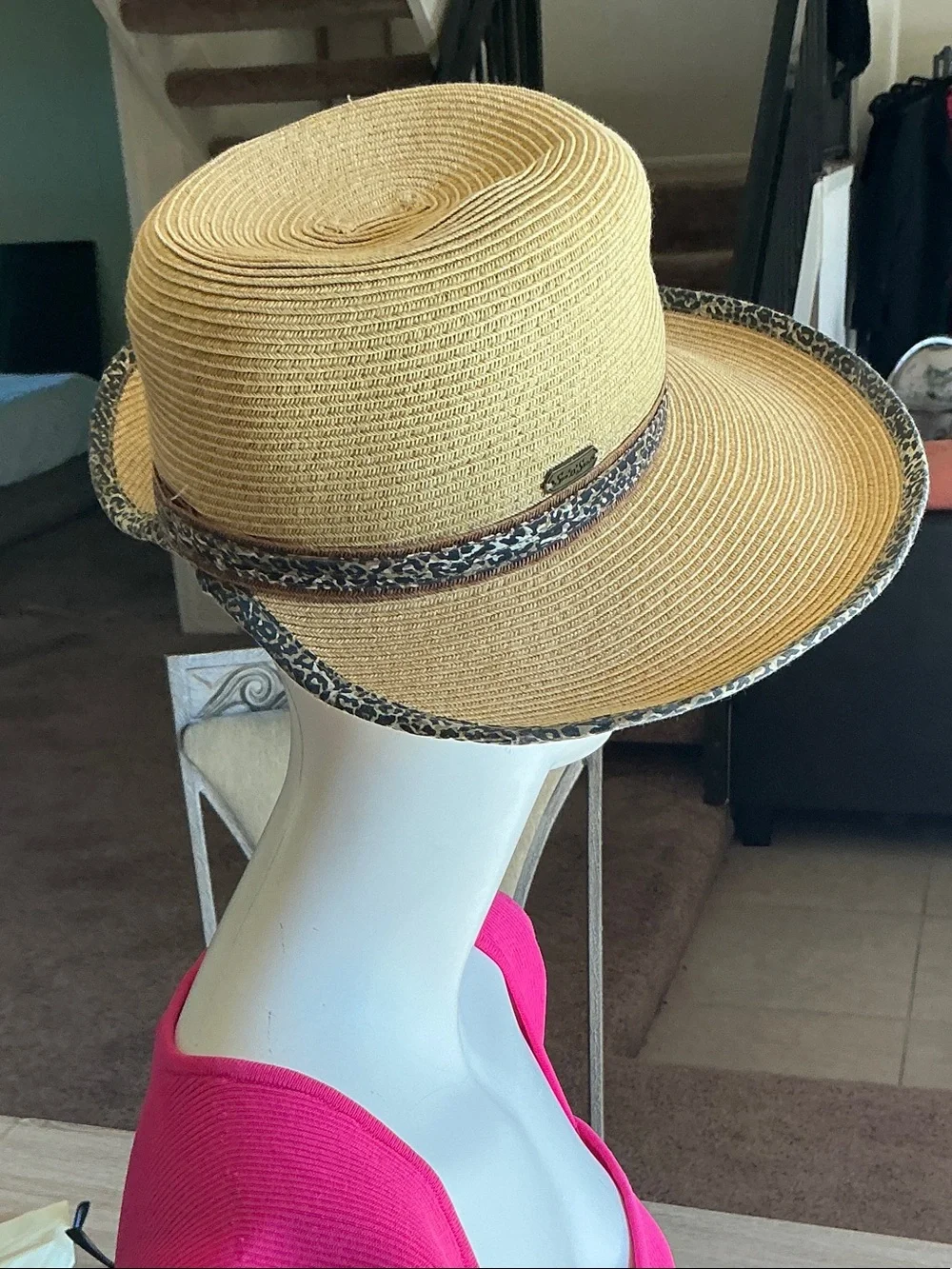 Natural Straw Wide-Brim Hat with Leopard-Accent Trim